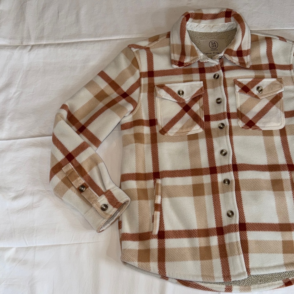Women’s Sage Collective Fleece Shacket In Tan/Rust Combo Size Small - Picture 4 of 13